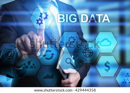 Businessman is pressing on the virtual screen and selecting Big data. 