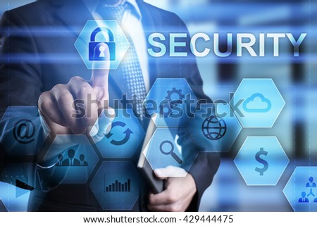 Businessman is pressing on the virtual screen and selecting Security, 