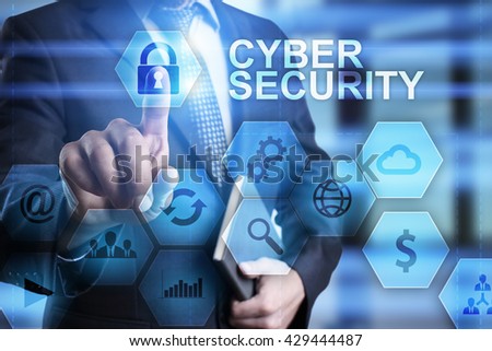 Businessman is pressing on the virtual screen and selecting Cyber security. 