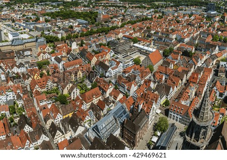 Bird's eye view over Ulm, shot from the tower of the minster on daytime