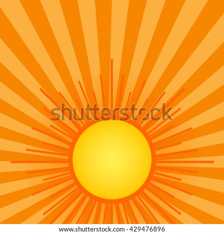 Summer shining sun on the sky background. Orange backdrop with retro rays of light.