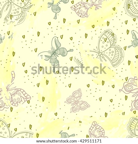 Abstract seamless background with butterfly , hearts and strokes. vector