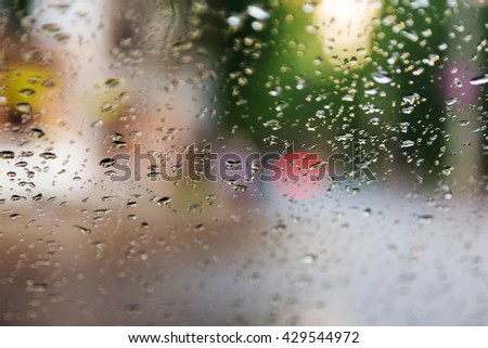 Drops Of Rain On Blue Glass Background. Street Bokeh Lights Out Of Focus. Abstract Backdrop