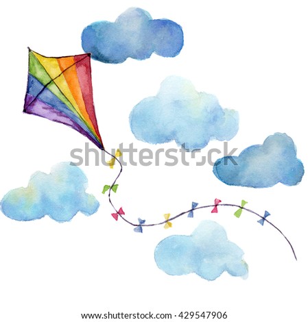 Watercolor striped kite air set. Hand drawn vintage kite with clouds and retro design. Illustrations isolated on white background
