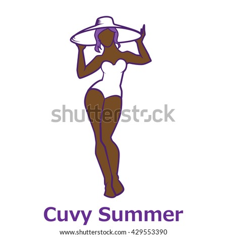 Vector hand drawn fashion illustration - plus size model, african american woman. Fashion logo with overweight young girl in elegant swimwear. Summer vacation concept. Beautiful curvy body icon design