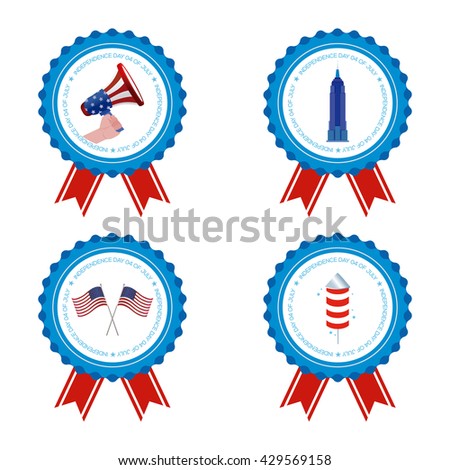 Set of medals with text and different icons for independence day celebrations
