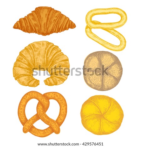 Bakery vector set. Collection of bread - hand drawn detailed colored ink illustration, isolated on white background. Croissants, buns, donuts. pretzel. Elements for design menu, package, poster