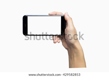 Woman hand holding iphon isolated on white background. black color smartphone white screen.