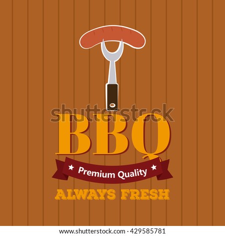 Isolated fork with a sausage icon on a wooden background with text and a ribbon