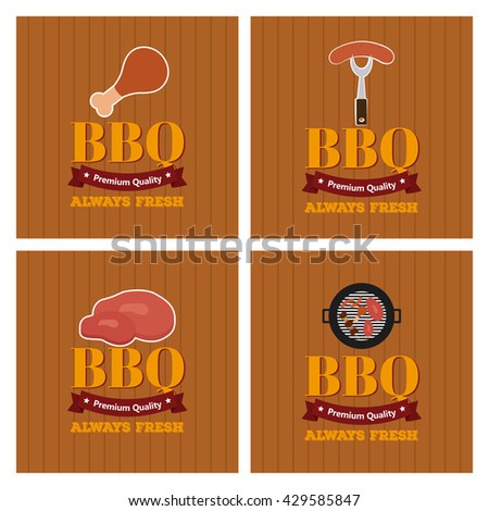 Set of wooden backgrounds with text, ribbons and different bbq icons