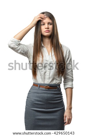Cutout businesswoman stands touching her head by her hand. Thinking process. Business staff. Problems and troubles. Headache. Search for solutions.
