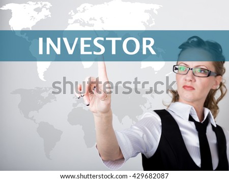 investor written on a virtual screen. Internet technologies in business and tourism. woman in business suit and tie, presses a finger on a virtual screen