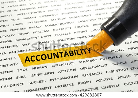 Word Accountability highlighted with marker on paper of other related words.business success concept. Royalty-Free Stock Photo #429682807