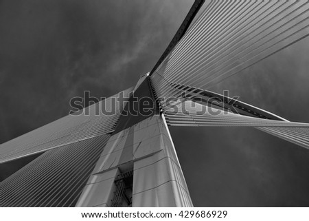 Elasticity of the bridge's string and the futuristic architecture ( black and white ) Royalty-Free Stock Photo #429686929