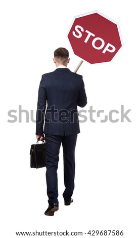Official man carries a road sign, which means stop. Isolated on white background.