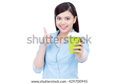 Asian attractive woman with a cup of tea in hand, isolated on a white background
