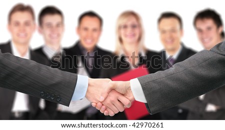 shaking hands with wrists and six business group out of focus collage