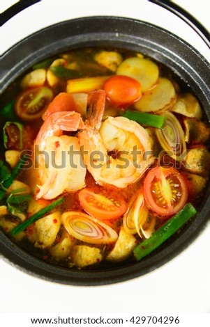 Pot of Tom Yum seafood soup, thai food