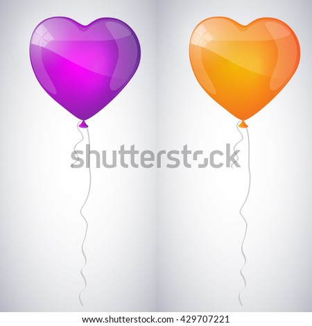 Violet and orange shiny glossy balloons in the form of heart. Vector illustration.
