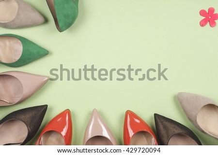 set of different shoes, Shot of several types of shoes, Several designs of women shoes. Leather Shoe. Pile of various female shoes on light background. Copy space for text.
