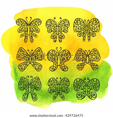 Hand drawn vector ornate butterfly illustration. Doodle butterfly drawing on the watercolor background