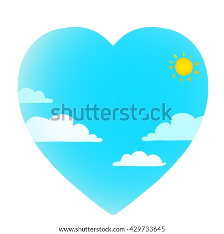 Clouds on blue sky with sun heart shape. Cloudscape sunny love weather forecast, vector illustration