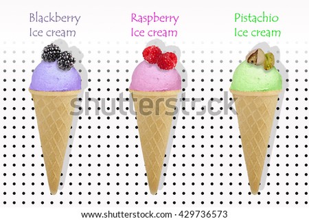 Blackberry, raspberry and pistachio ice cream in a waffle cone on a white background in a black polka dots. The photo with the effect of oil painting.