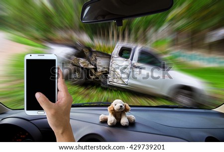 Man using cell phones while driving, car accident on windshield as background.