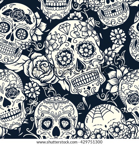 Day of The Dead sugar skull with floral ornament and flower seamless pattern
