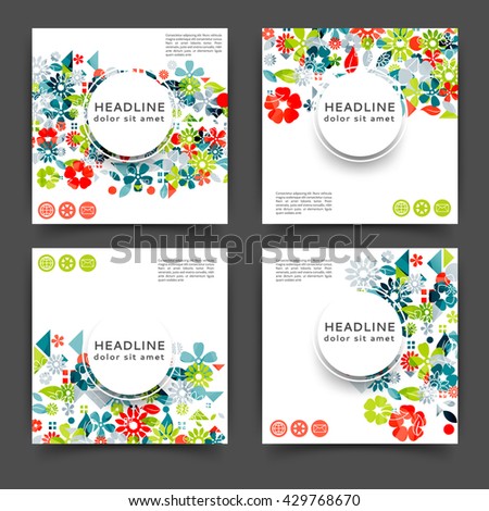 Set of square color brochures, book template  with floral background