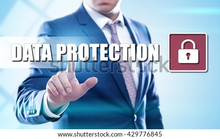 business, technology, internet and virtual reality concept - businessman pressing data protection button on virtual screens
