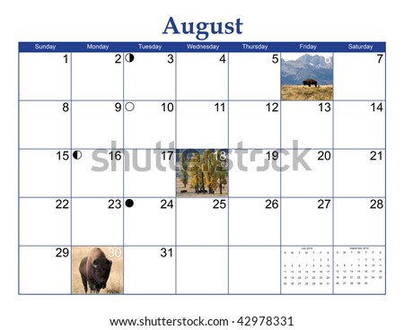 August 2010 Wildlife Calendar Page with Bison pictures, moon phases, and US Holidays