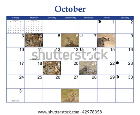 October 2010 Wildlife Calendar Page with Cheetah pictures, moon phases, and US Holidays