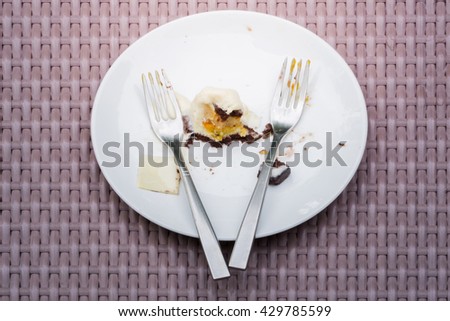 image on breaking diet crumbles of eaten cake.(vintage color tone) 