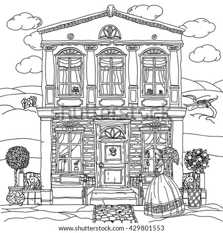 Contoured Black and white victorian house with a strolling woman in crinoline with vintage umbrella. for adult coloring book or for zen art therapy drawing. Hand-drawn, vector, for coloring, posters