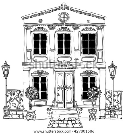 Contoured Black and white illustration of a house with details for adult coloring book or for zen art therapy anti stress drawing. Hand-drawn, vector,very detailed, for coloring, poster design.