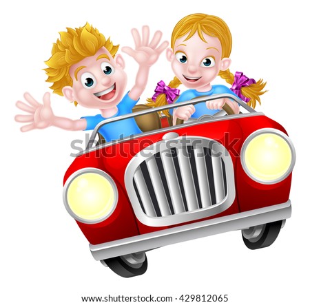 A boy and girl having great fun driving fast in a red convertible car