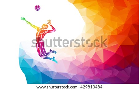 Creative silhouette of volleyball player. Team sport vector illustration or banner template in trendy abstract colorful polygon style with rainbow back