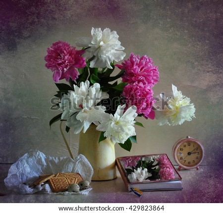 still life with pink and white peonies