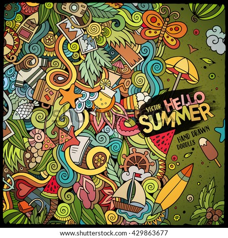 Cartoon hand-drawn doodles summer illustration. Colorful detailed, with lots of objects vector background