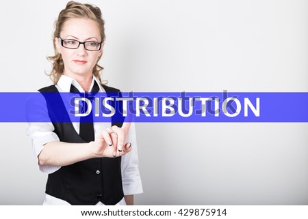 distribution written on a virtual screen. Internet technologies in business and tourism. woman in business suit and tie, presses a finger on a virtual screen