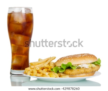 Hamburger, French fries and a glass of cola isolated on white background.
