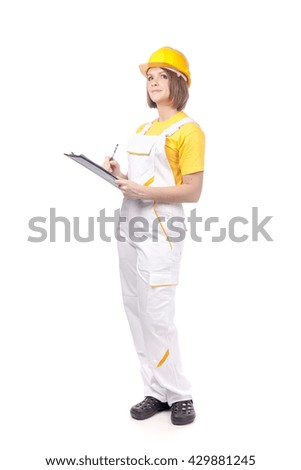 smiling female painter or decorator with document to sign on a clipboard isolated on white background