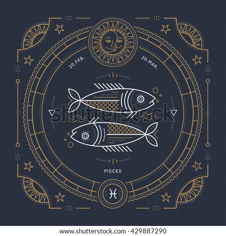 Vintage thin line Pisces zodiac sign label. Retro vector astrological symbol, mystic, sacred geometry element, emblem, logo. Stroke outline illustration.