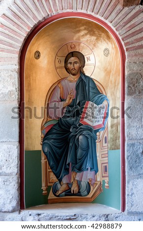 old painting of Jesus Christ in The Holy Monastery of the Great Meteoron, Greece