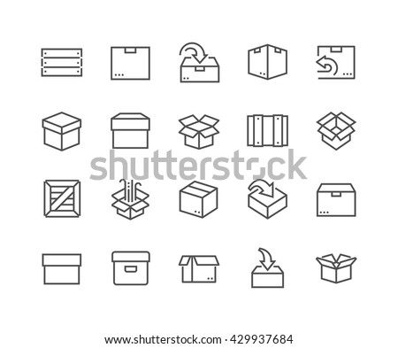Simple Set of Box Related Vector Line Icons. 
Contains such Icons as Open Box, Package Return, Wooden Crate and more. 
Editable Stroke. 48x48 Pixel Perfect. 