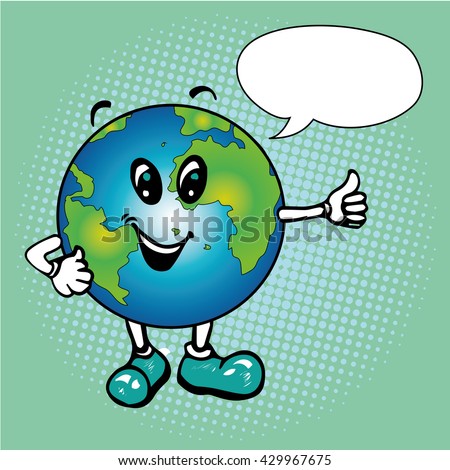 Cartoon planet Earth character showing GOOD sign. Vector illustration in pop art comic style with speech bubble