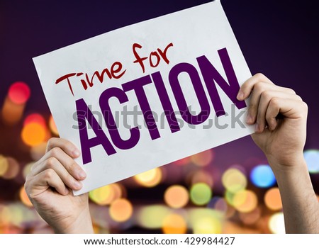 Time for Action placard with night lights on background