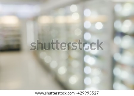 Abstract background, Supermarket Aisle and Shelves in motion blur for background with bokeh. Miscellaneous Product shelf.