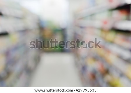 Abstract background, Supermarket Aisle and Shelves in motion blur for background. Miscellaneous Product shelf.